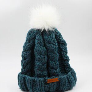Handmade Hand Teal Chunky Cozy Cable Knit Acrylic Teal Blue Hat with a Pom Pom